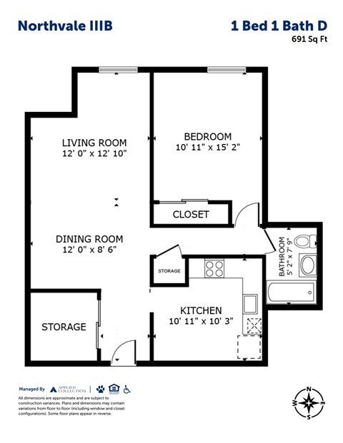 Floor plan for 1 bed, 1 bath, 691 sqft